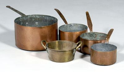 Appraisal: Assembled set four heavy copper pots dovetailed construction three smaller