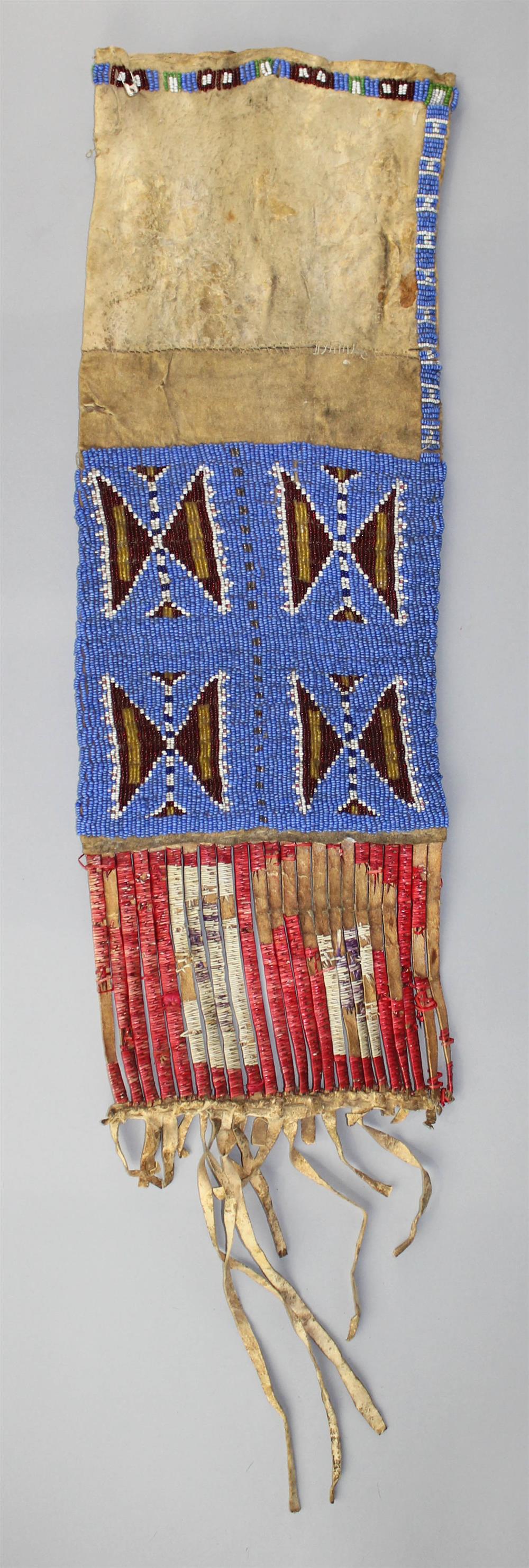 Appraisal: PLAINS BEADED QUILLED AND FRINGED HIDE PIPE BAG geometric devices