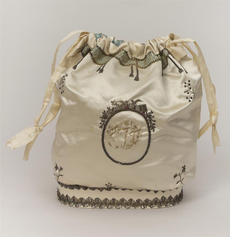 Appraisal: Swedish Metallic Thread Embroidered Silk Draw-String Purse With bow-tied flowers