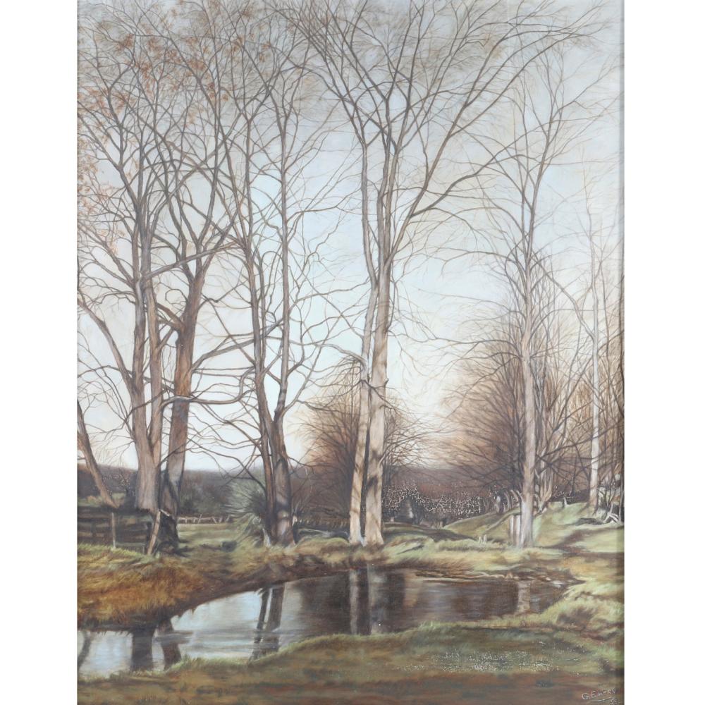 Appraisal: RURAL MIDWESTERN WINTER LANDSCAPE WITH SYCAMORE TREES AND POND SIGNED