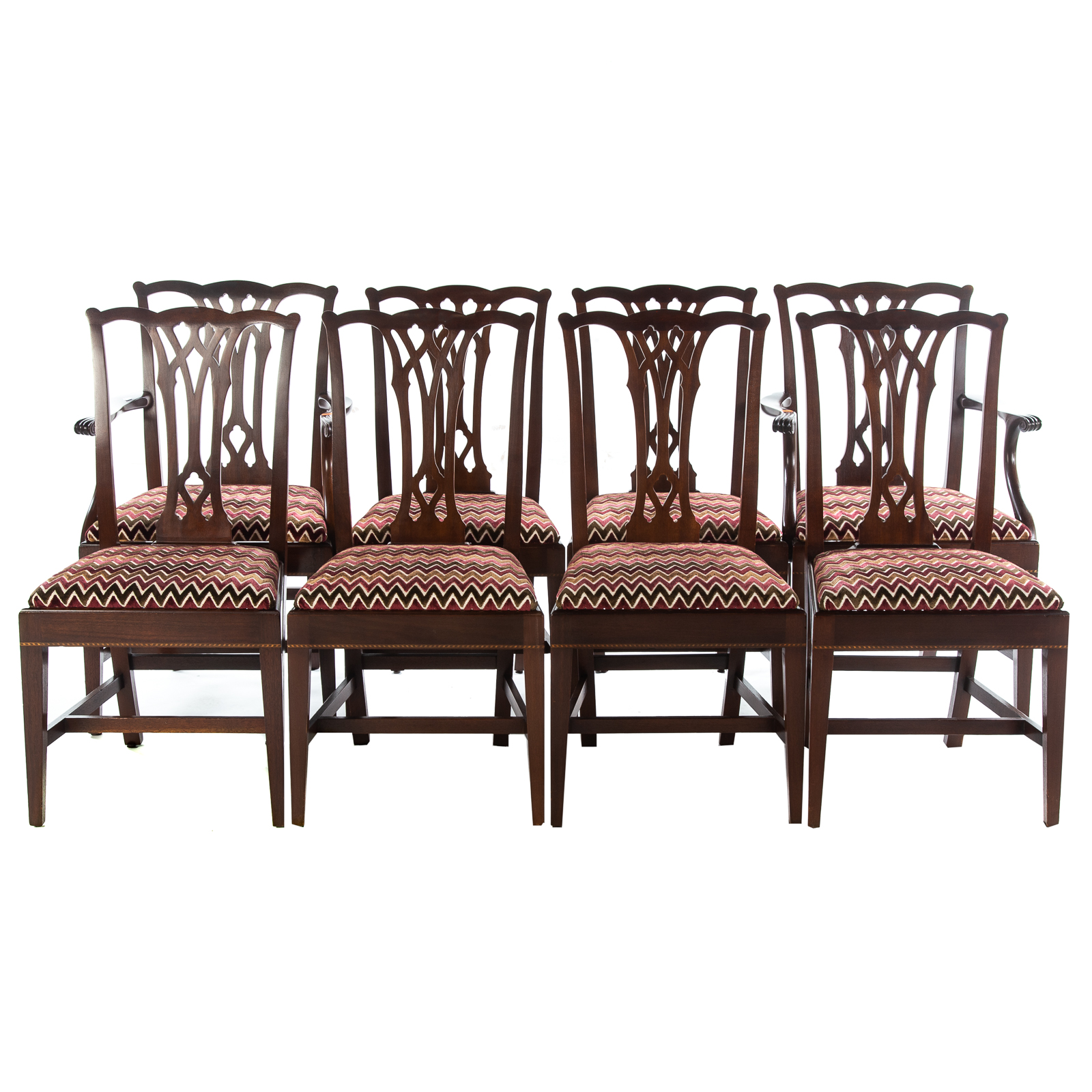 Appraisal: EIGHT POTTHAST BROTHERS MAHOGANY INLAID CHAIRS Mid- th century Comprising