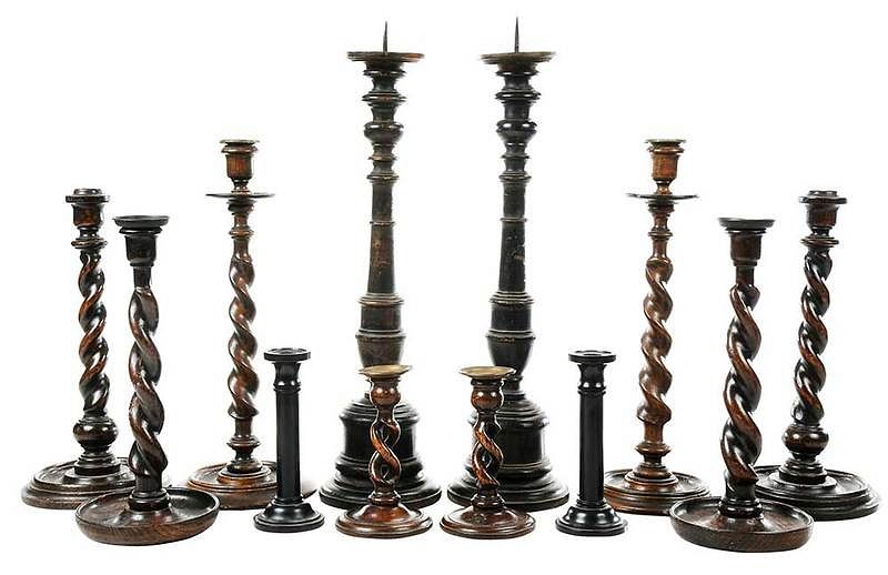 Appraisal: Six Pairs of Turned Wooden Candlesticks British th century circular