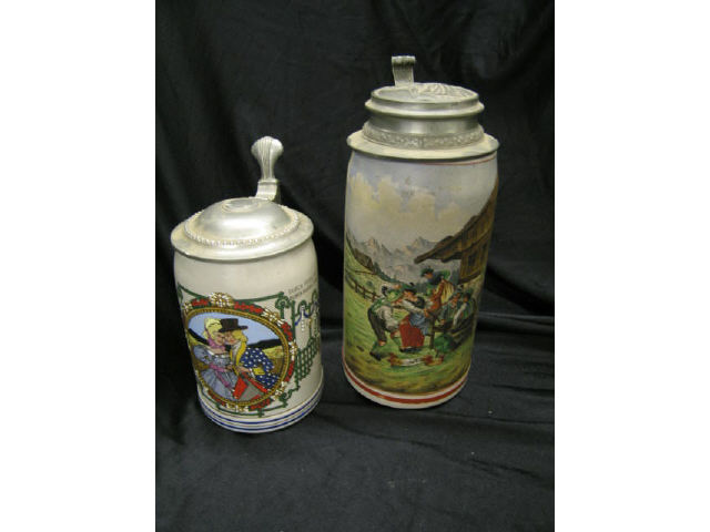 Appraisal: German Salt Glaze Steins handpainted scenes pewter lids liter and