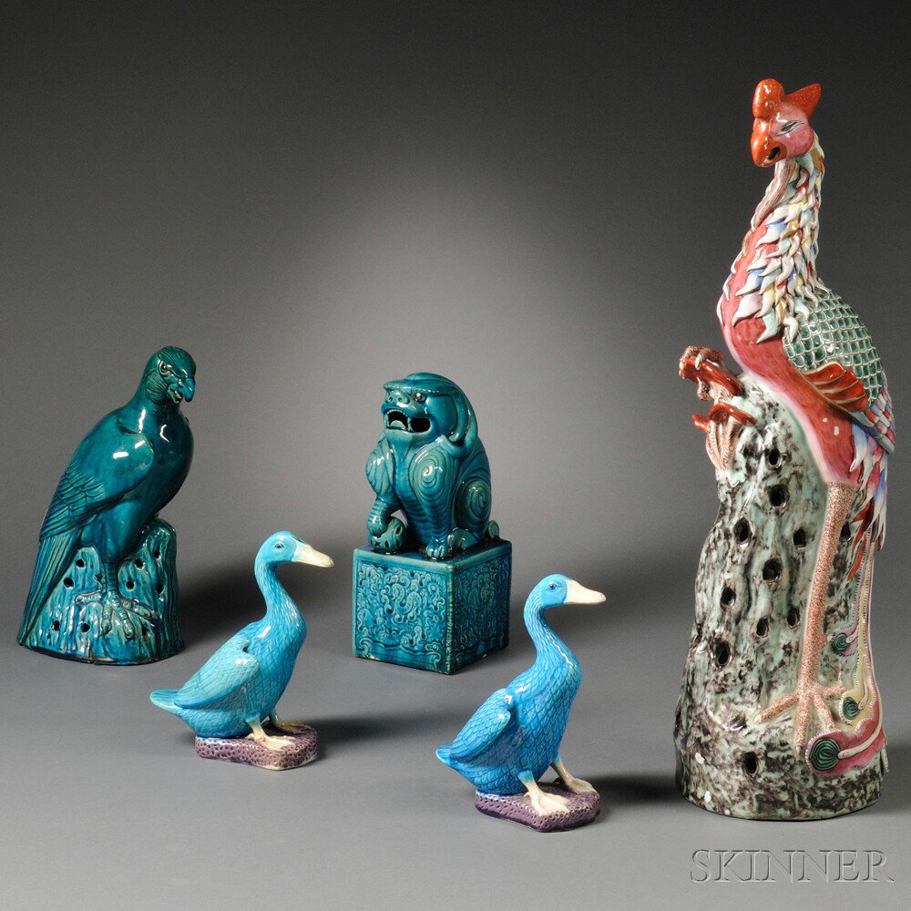 Appraisal: Five Pottery Statues of Animals China a pair of ducks