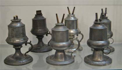 Appraisal: Six pewter chamber lamps Including two pair all with acorn