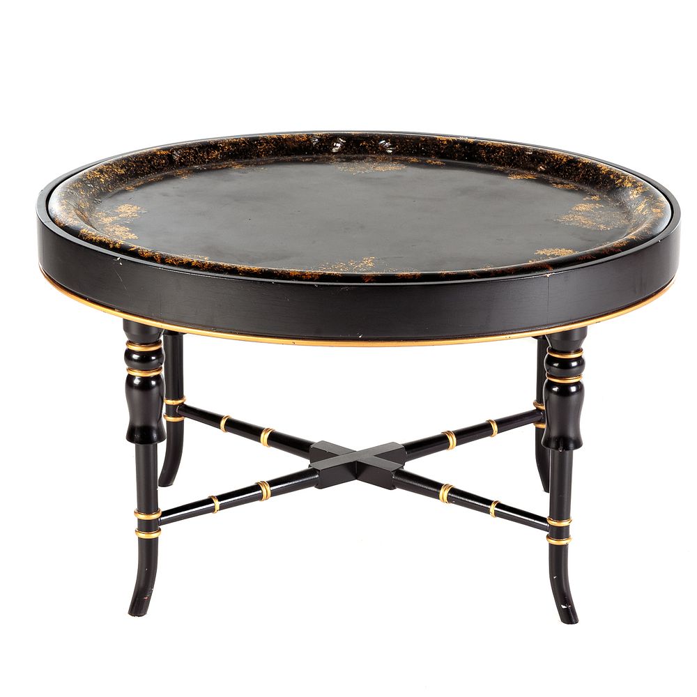 Appraisal: Victorian Gilt-Decorated Ebonized Tray Table Lacquered wood mounted on a