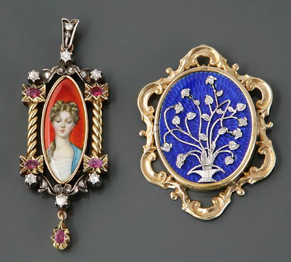 Appraisal: A collection of two diamond gemstone enamel and gold pendants