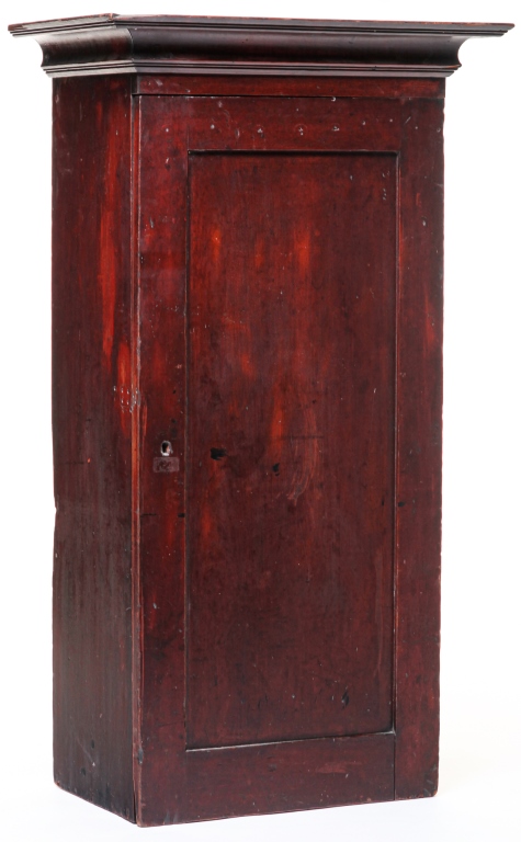 Appraisal: AMERICAN HANGING CUPBOARD Late th century poplar Deep cove-molding solid