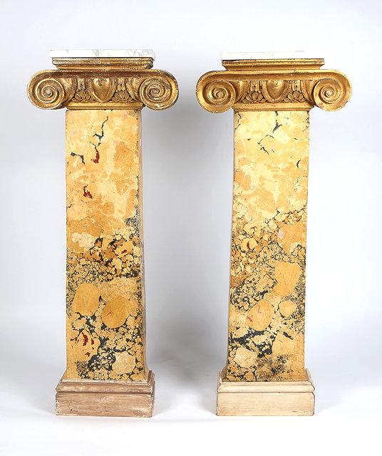 Appraisal: A PAIR OF GILTWOOD AND SIMULATED MARBLE PILASTERS of square