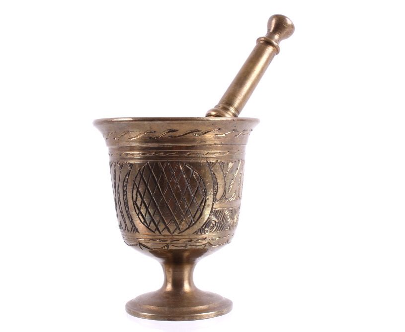 Appraisal: Brass Ceremonial Mortar Pestle c Early 's For your consideration