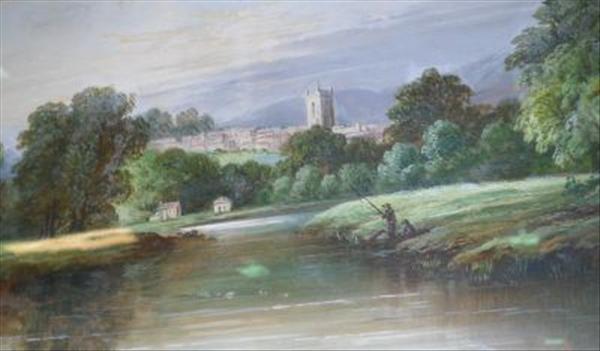 Appraisal: English School late th century Fishing before a town Oil