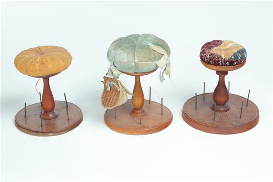 Appraisal: THREE SHAKER SEWING SPOOL STANDS American th century hardwood and