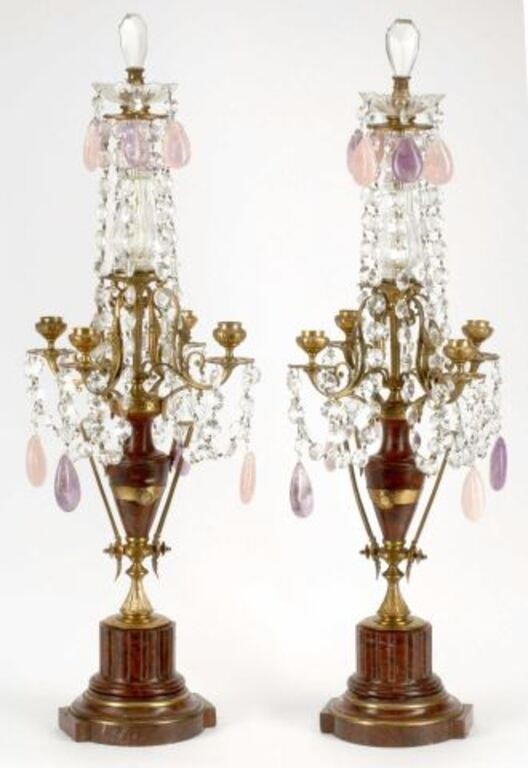 Appraisal: ROUGE MARBLE BRONZE CRYSTAL GIRANDOLES pair Rouge marble bronze and