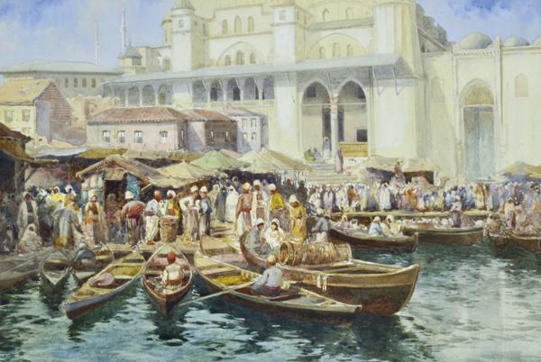 Appraisal: ARTIST UNKNOWN EUROPEAN SCHOOL Market Place Dockside watercolour ARTIST UNKNOWN