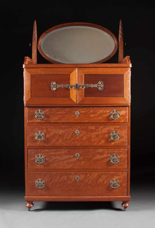 Appraisal: Edwardian cherrywood gentleman's bureau late th century beveled mirrored oval