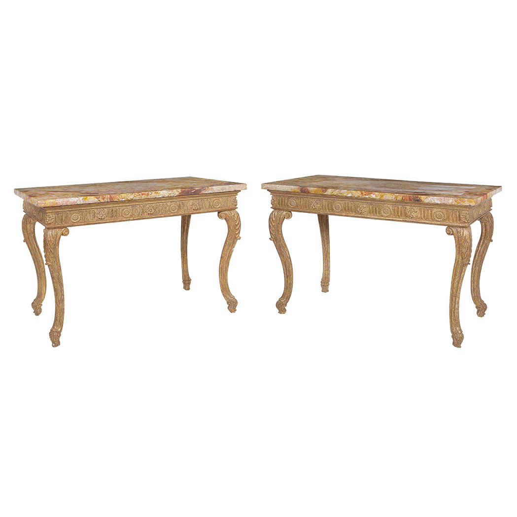 Appraisal: Pair of George III Gilt-Wood Consoles Circa Each Sarrancolin marble