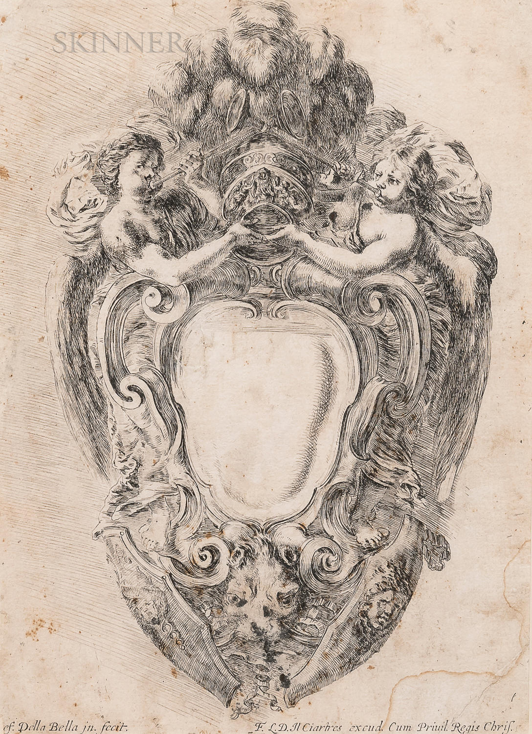 Appraisal: Stefano della Bella Italian - Cartouche with Two Cherubs Blowing