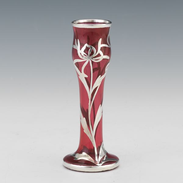 Appraisal: RUBY BUD VASE WITH STERLING OVERLAY Ruby bud vase with