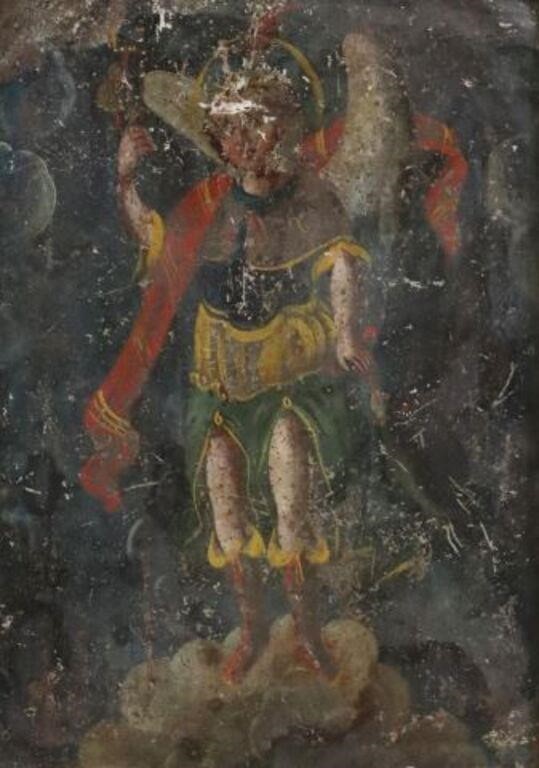 Appraisal: Framed oil on tin retablo Archangel Raphael th c depicting