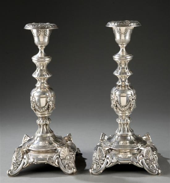 Appraisal: Pair of ornate repousse Russian import silver candlesticks Late th