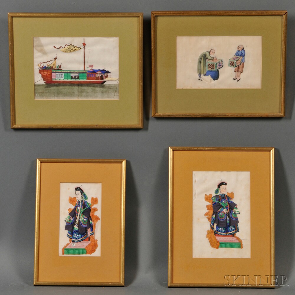 Appraisal: Four Framed Gouache Paintings China th century three depicting figures