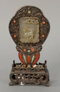 Appraisal: Tibetan jade coral and turquoise mounted silver plaque on stand