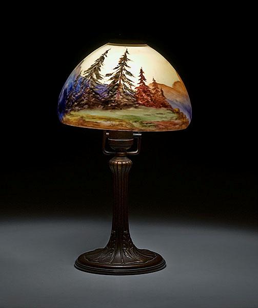 Appraisal: SIGNED HANDEL BOUDOIR LAMP ca with a domical shade decorated