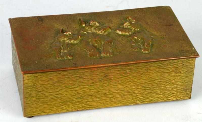 Appraisal: Box with Three Scotties in Relief Description Large hammered brass