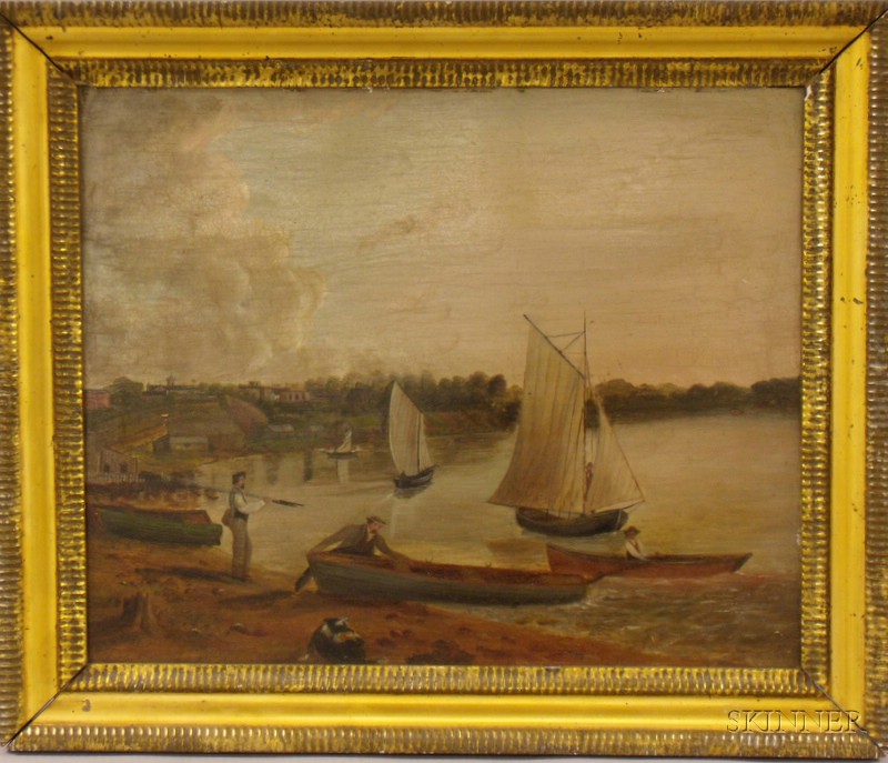 Appraisal: Framed Oil on Metal Scene with Figures on the Shore