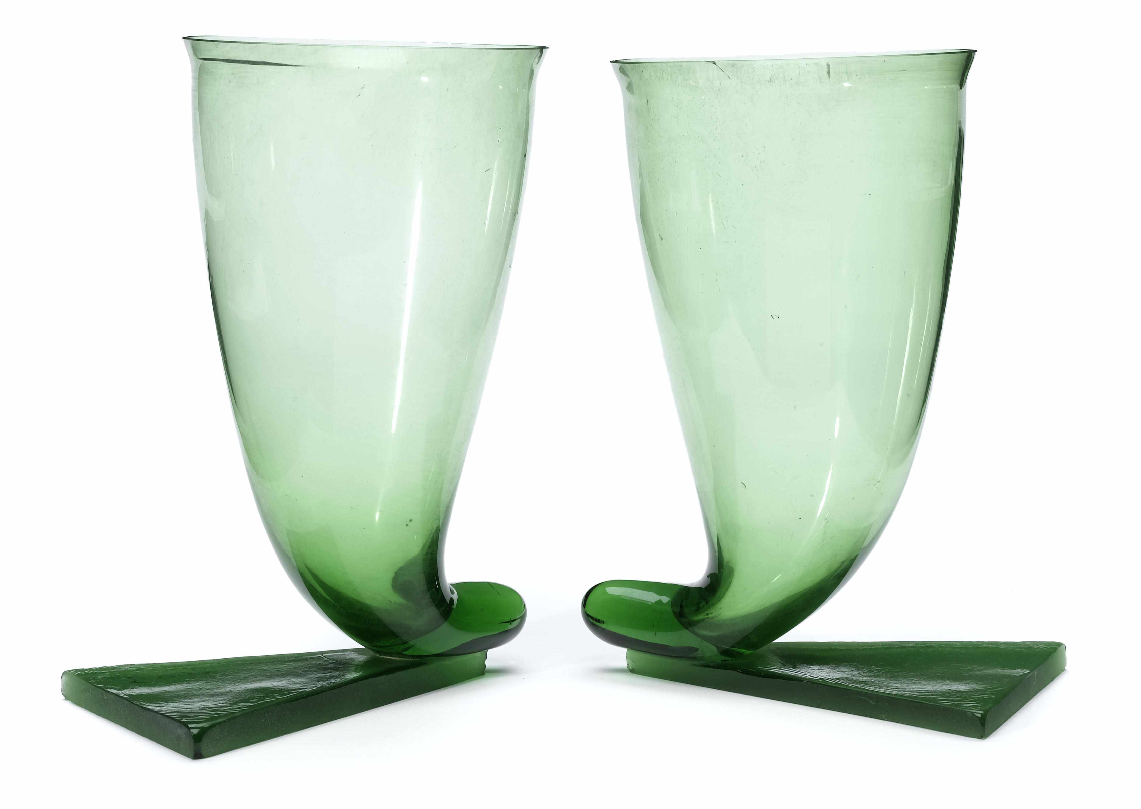 Appraisal: A pair of green glass vases th century Each of