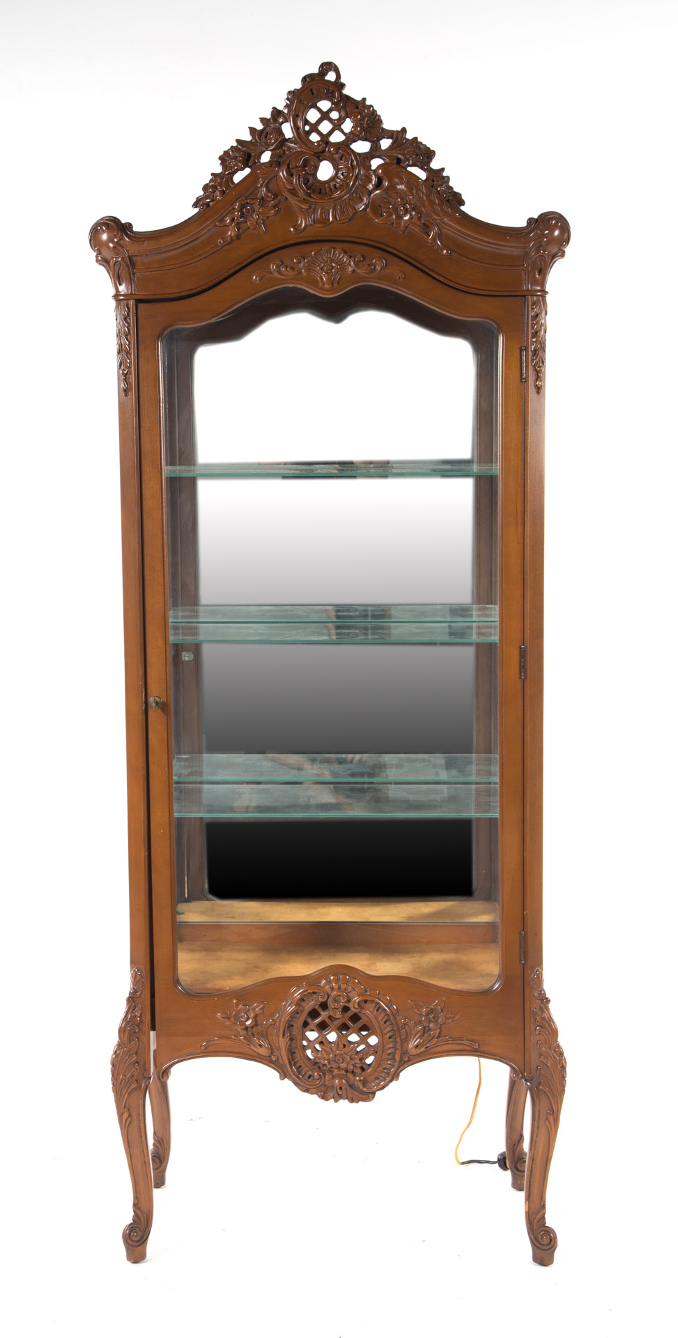 Appraisal: Louis XV style carved fruitwood curio cabinet glass paneled electrified