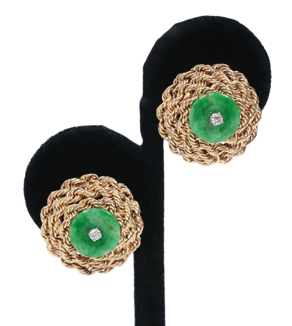 Appraisal: DIAMOND JADE K YG ORNATE CLIP EARRINGS K yellow gold