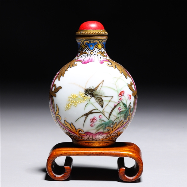 Appraisal: Chinese famille rose enameled porcelain snuff bottle with insect calligraphy