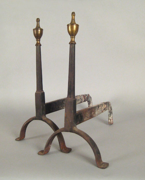 Appraisal: Pair of Federal brass and wrought iron andirons late th