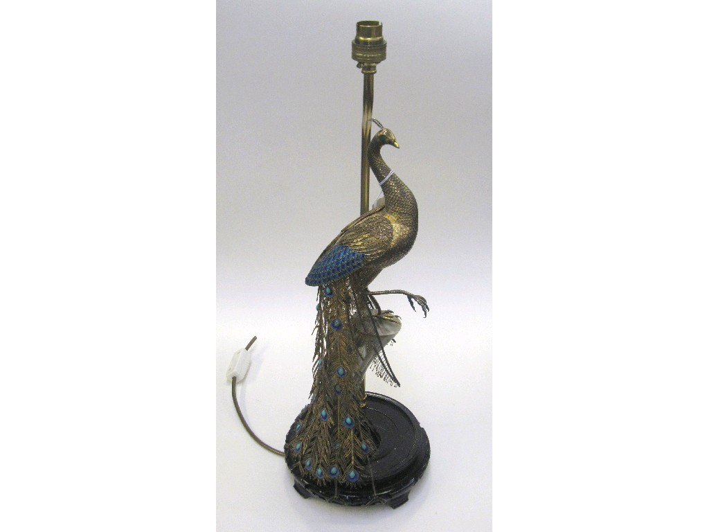 Appraisal: Gilt metal and enamel lamp modelled as a peacock on