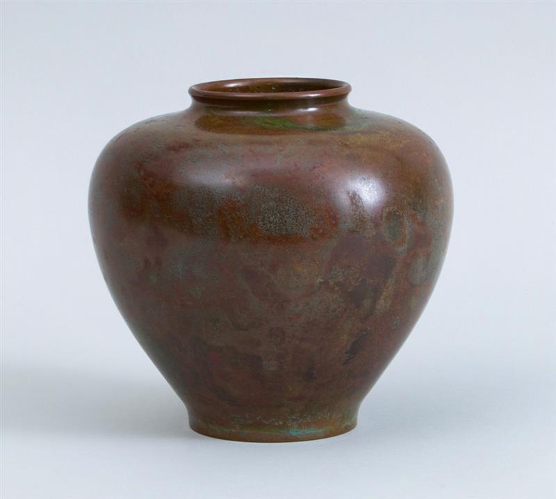 Appraisal: JAPANESE MOTTLED BRONZE OVOID VASE With impressed block signature x