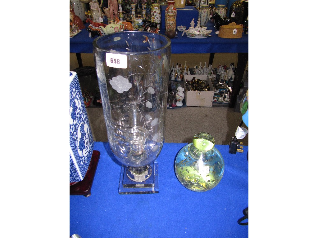 Appraisal: Glass hurricane lamp and a large bubble glass dump paperweight