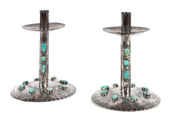 Appraisal: Pair of Federico Jimenez Southwestern Silver and Turquoise Candle Holders