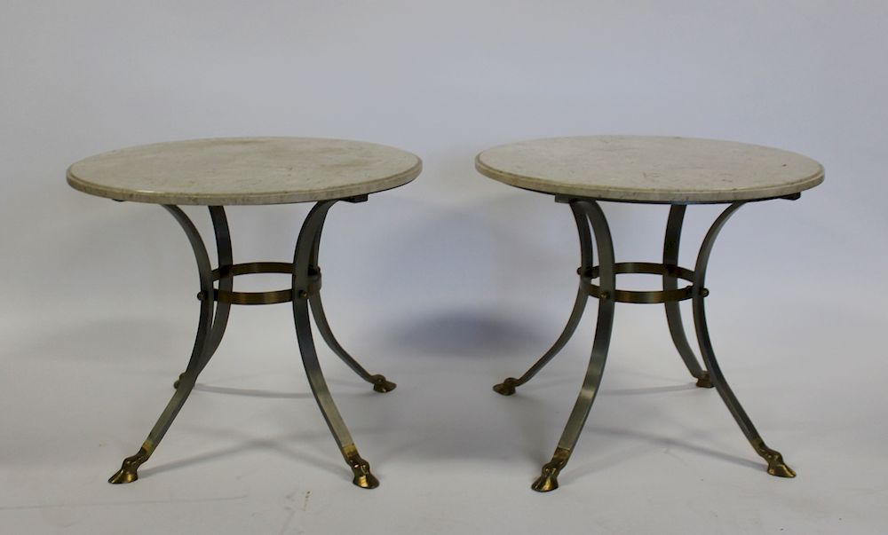 Appraisal: Pair of Brass and Steel Marbletop Tables Good heavy and