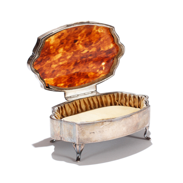 Appraisal: English Sterling Tortoise Footed Dresser Box English Sterling Tortoise Shell