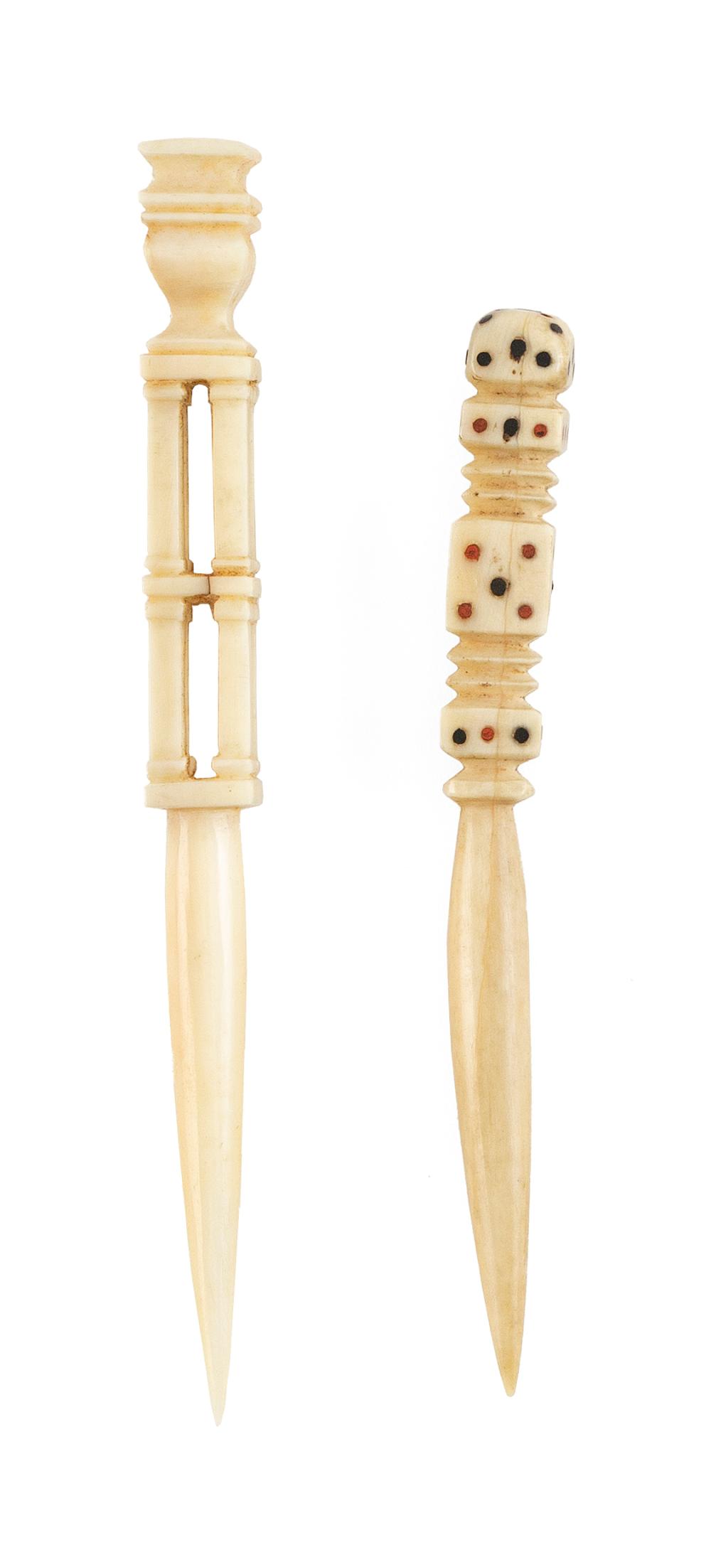 Appraisal: TWO WHALE IVORY BODKINS MID- TH CENTURY LENGTHS AND TWO