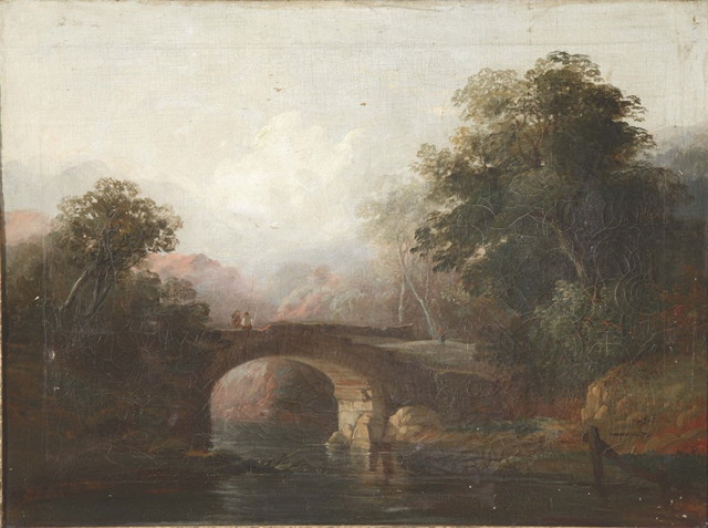 Appraisal: FOLLOWER OF RICHARD WILSONTwo anglers upon an arched river bridge