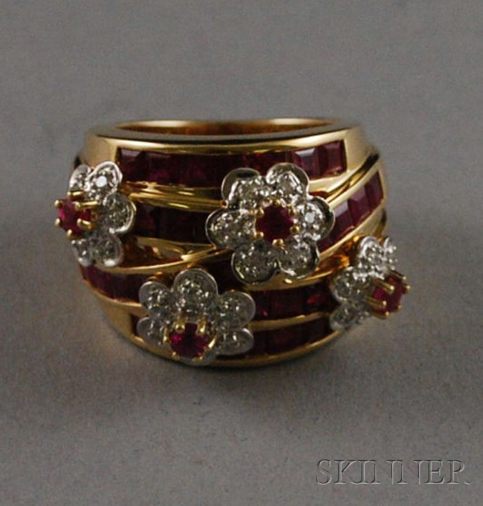 Appraisal: kt Gold Ruby and Diamond Flower-decorated Ring composed of five