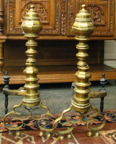 Appraisal: Pair of antique cast brass English andirons inches tall with