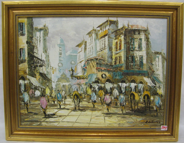 Appraisal: R BURCHARD OIL ACRYLIC ON CANVAS Mexican plaza scene with