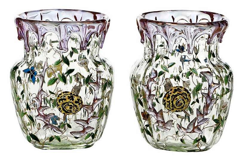 Appraisal: Pair Moser Style Enamel and Gilt Decorated Vases Czech early