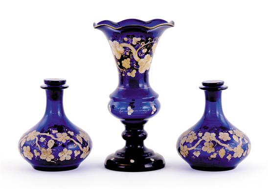 Appraisal: Moser cobalt glass decanter and vase set ruffled rim and