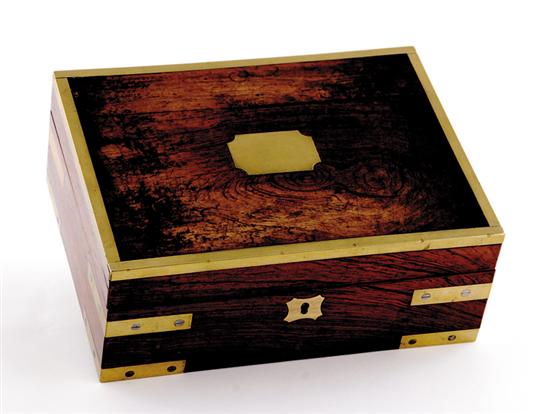 Appraisal: English rosewood and brass-mounted stationery box th century rectangular form