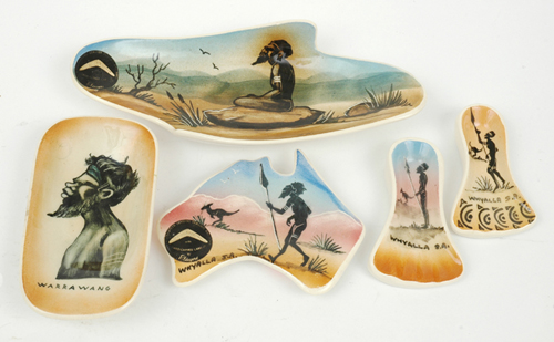 Appraisal: ELAYNE POTTERY Five ceramic dishes each painted with an Indigenous