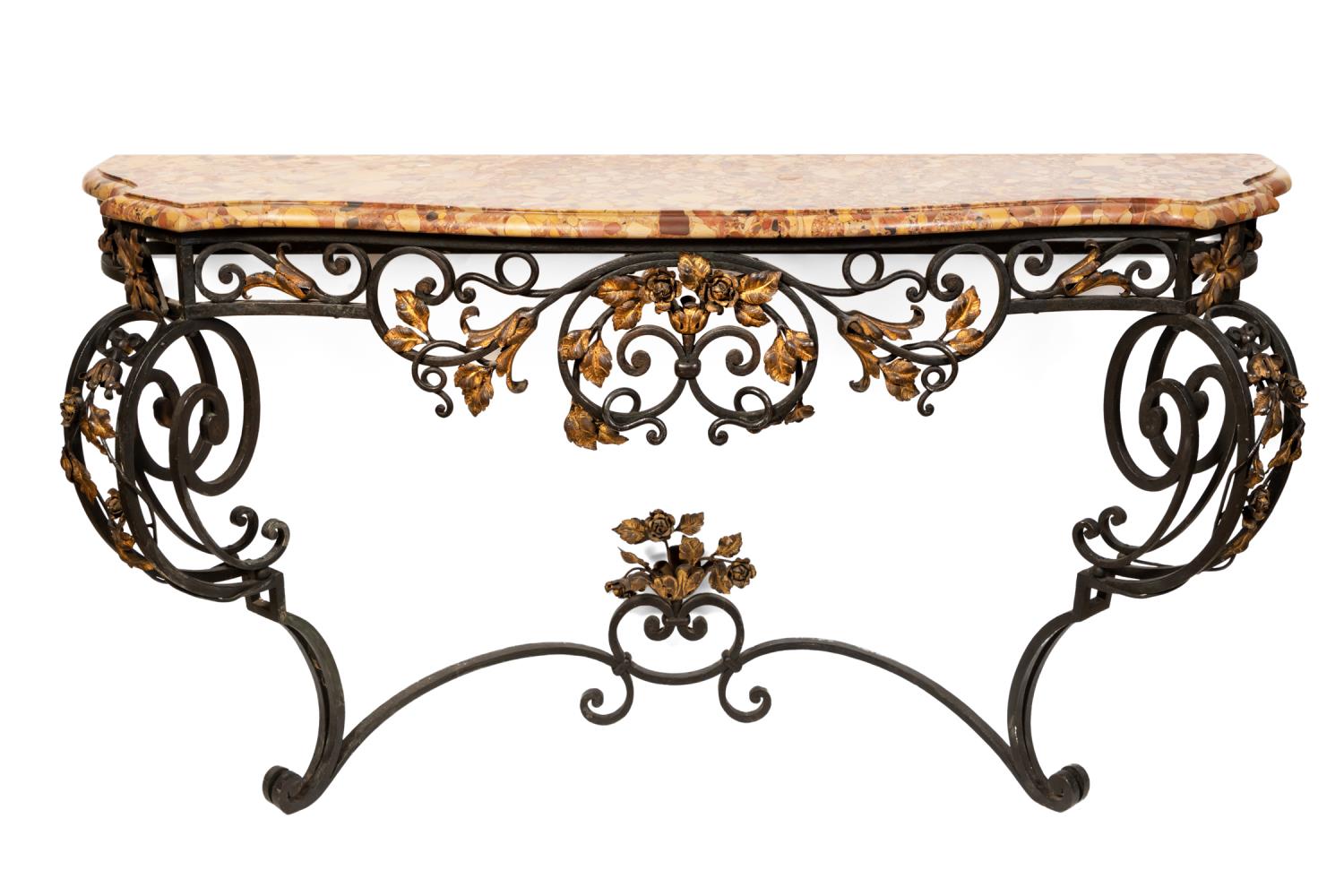 Appraisal: LOUIS XV STYLE BRECCIA TOP GILT IRON CONSOLE Continental wall